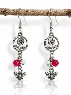 Bee & Flower Dangle Earrings, Silver Boho, Red Bead Drop